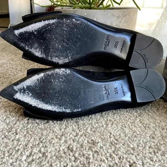 Prada Suede Ballet Flats Grosgrain Bow Pointed Toe Black 5 - Picture 7 of 7